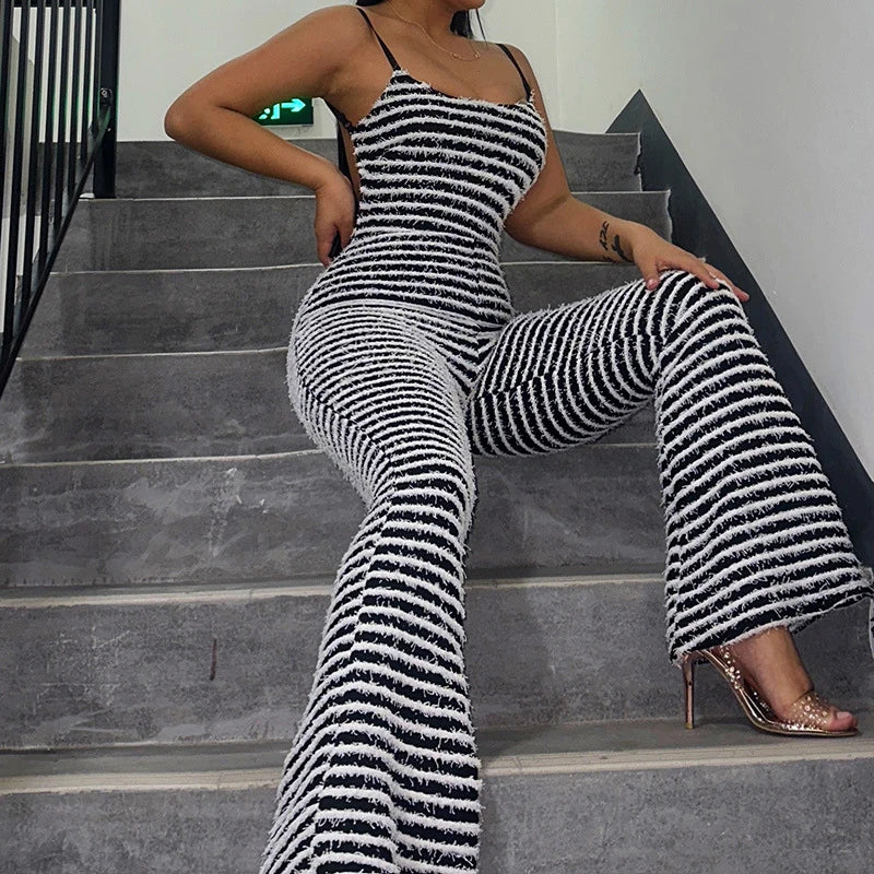 Backless Striped Jumpsuit With High Waist Flare Legs