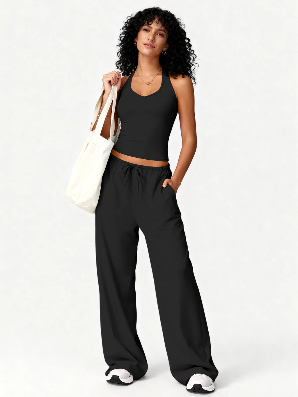 Two Piece Set With Sleek V Neck Tank Backless Detail And Wide Leg Pants
