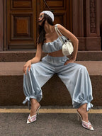 Women's Trousers 2 Pcs Suits Pleated Spaghetti Strap Cropped Tube Tops Elastic Waist Lace Up Pants