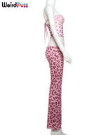 Patchwork Mesh Set With Leopard Print Skinny Pants Sexy Sleeveless Crop Top Street Style