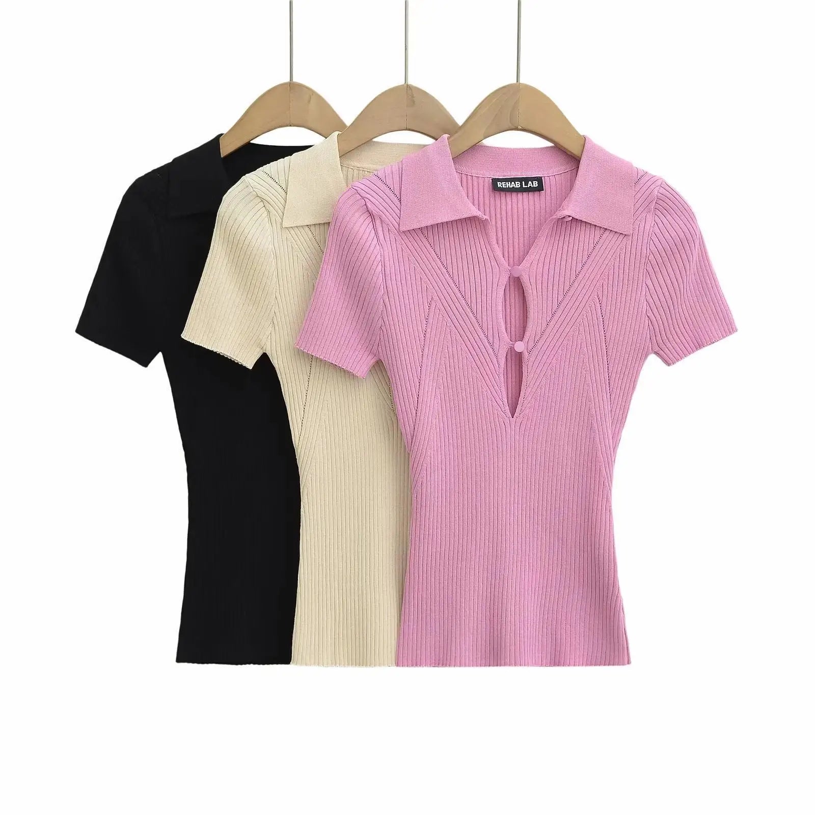 Knit Turn Down Collar Pullover For Women Slim Stretch Short Sleeve Top