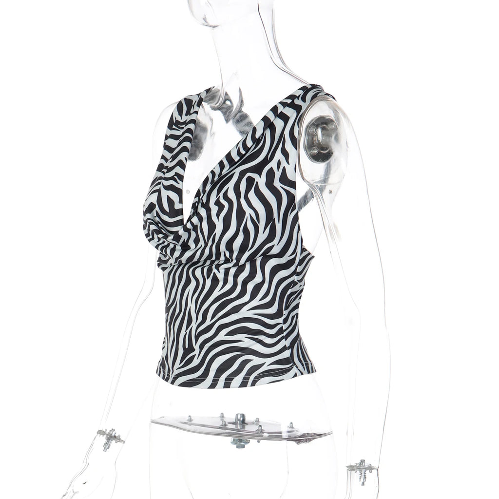 Zebra Print V Neck Backless Ruched Crop Tank Top
