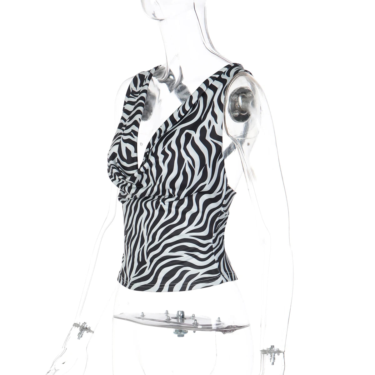 Zebra Print V Neck Backless Ruched Crop Tank Top