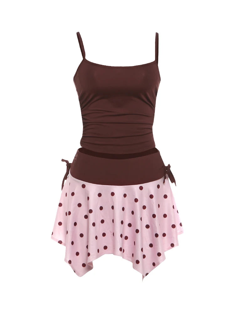 Pink Brown Two Piece Set With Polka Dot Cami And Ruched Mini Skirt