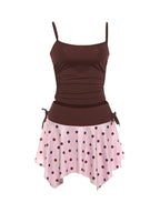 Pink Brown Two Piece Set With Polka Dot Cami And Ruched Mini Skirt