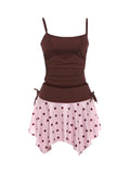 Pink Brown Two Piece Set With Polka Dot Cami And Ruched Mini Skirt
