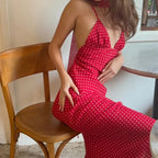 Sweet Polka Dot V Neck Maxi Sundress With Tie Back Spaghetti Straps Slim A Line