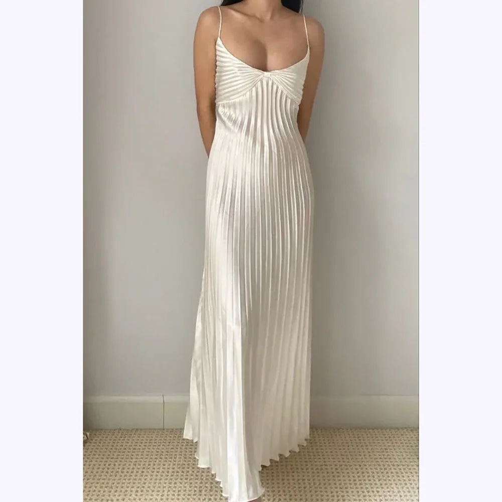 Elegant A Line Pleated Spaghetti Strap Gown With O Neck Floor Length Dress Glam