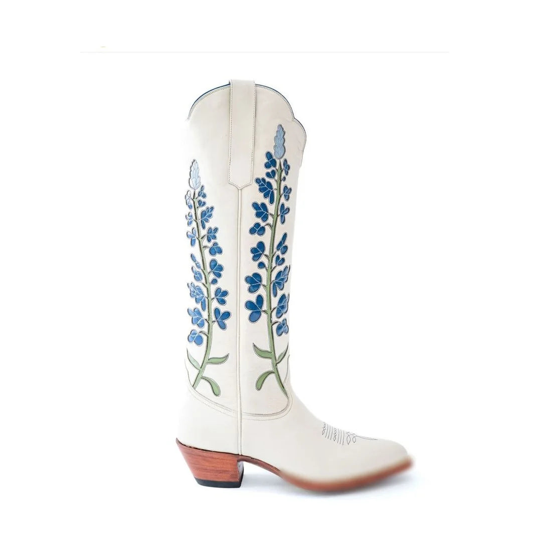 Floral Embellished Knee High Boots With Zipper And Chunky Heel