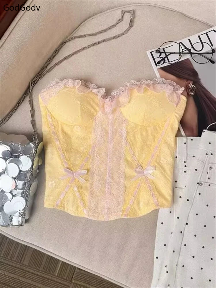 Fashion Vintage Sexy Women Y2k Off-Shoulder Lace Slim Bustier
