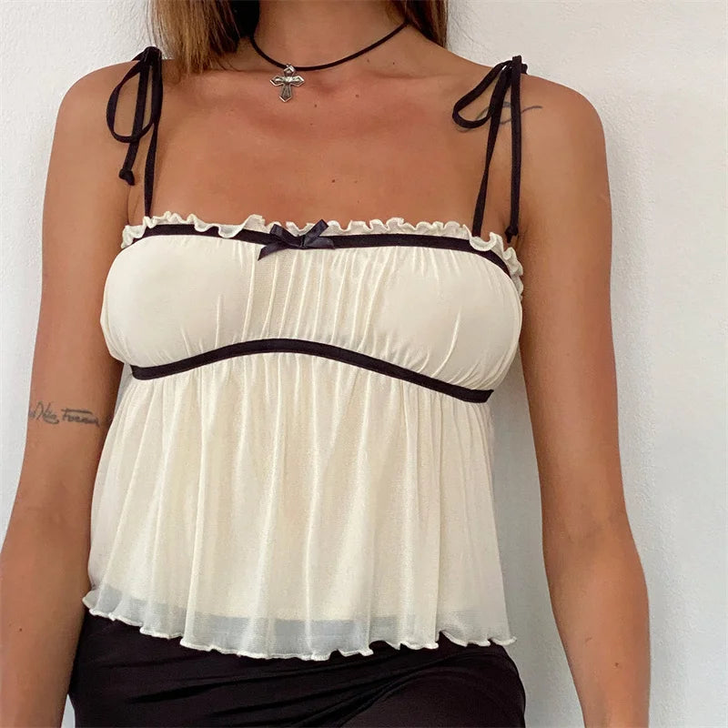 Floral Bow Detail Spaghetti Strap Cami Sleeveless Top