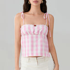 Sweet Open Back Camisole With Shirred Tie Up Spaghetti Straps Lace Trim And Square Neck