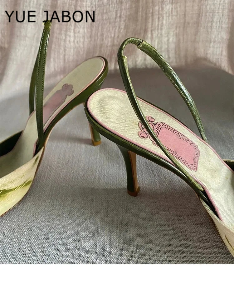 Floral Embroidered Slingback Stiletto Sandals With Pointed Toe High Heels