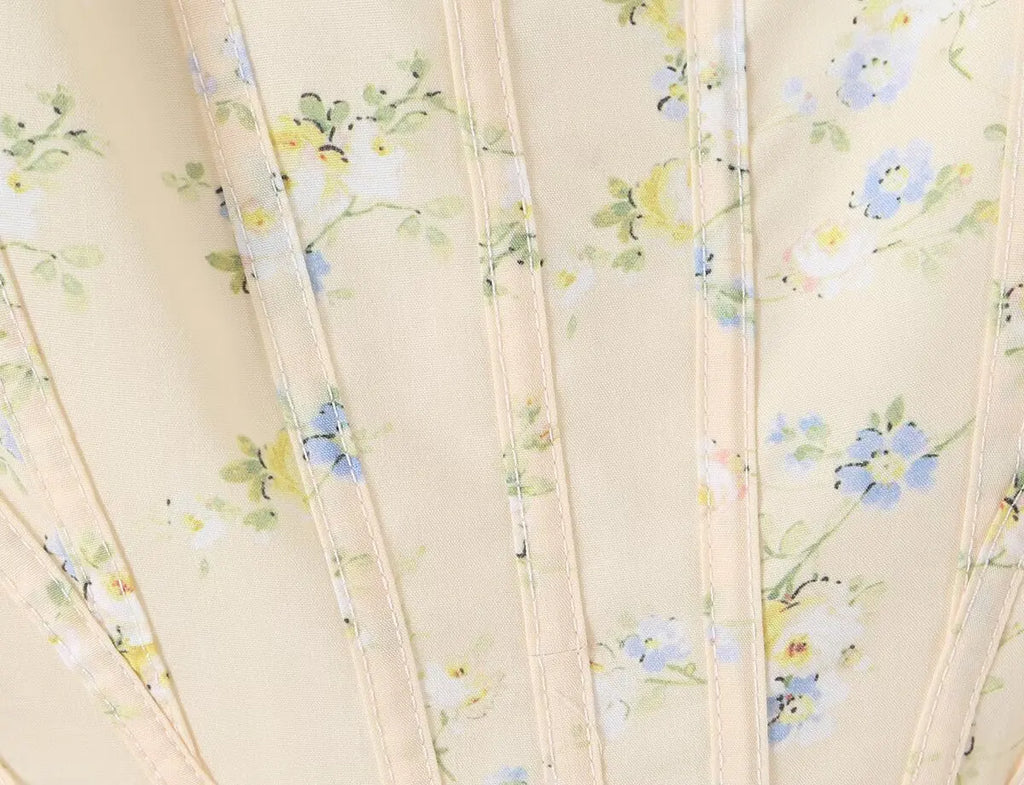 Sunlit Yellow Floral Corset Top With Lace Trim And Delicate Spaghetti Straps