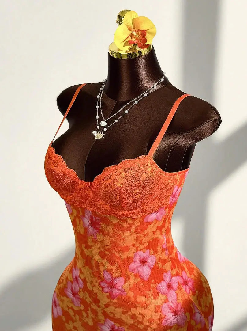 Lace Mini Dress With Spaghetti Straps High Waist Backless Retro Print