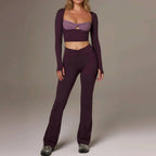 Women 3 Piece Yoga Set Long Sleeve Cropped Top Twist Front Sports Bra High Waisted Flared Leggings
