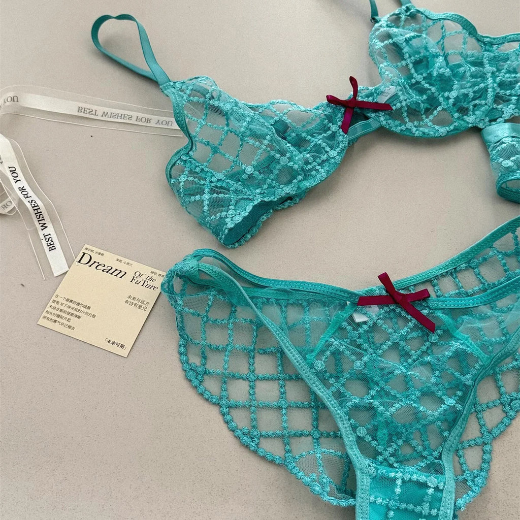 Lace Ultra-Thin Push-Up Bra Panty and Garter Set in Blue Transparent Lattice