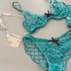 Lace Ultra-Thin Push-Up Bra Panty and Garter Set in Blue Transparent Lattice
