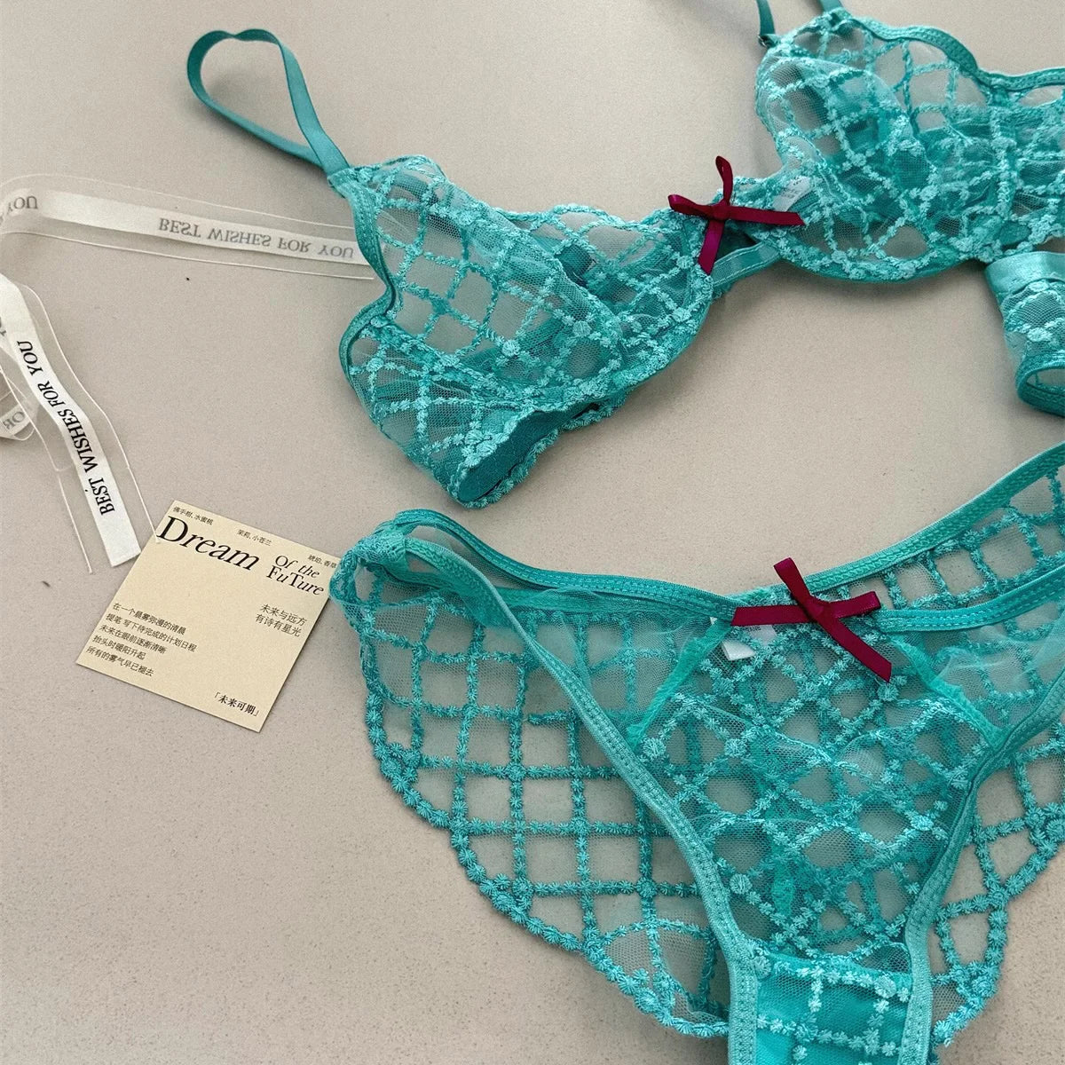 Lace Ultra-Thin Push-Up Bra Panty and Garter Set in Blue Transparent Lattice