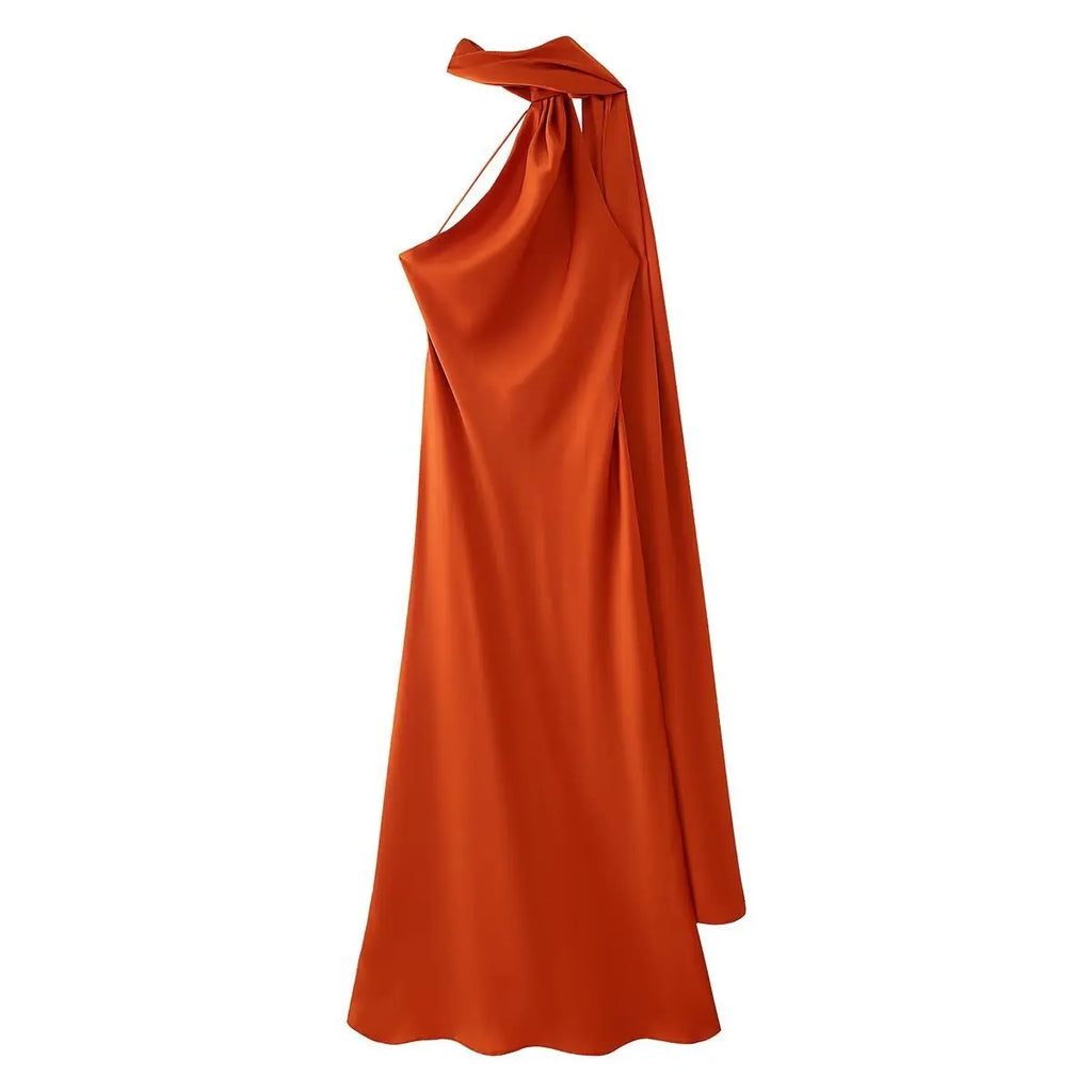 Elegant Silk Satin Halter Maxi Dress Backless Ribbon Tie Evening Gown