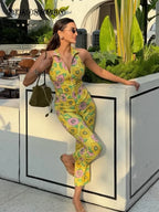 Floral Backless Halter Neck two piece Crop Top And Capris Set