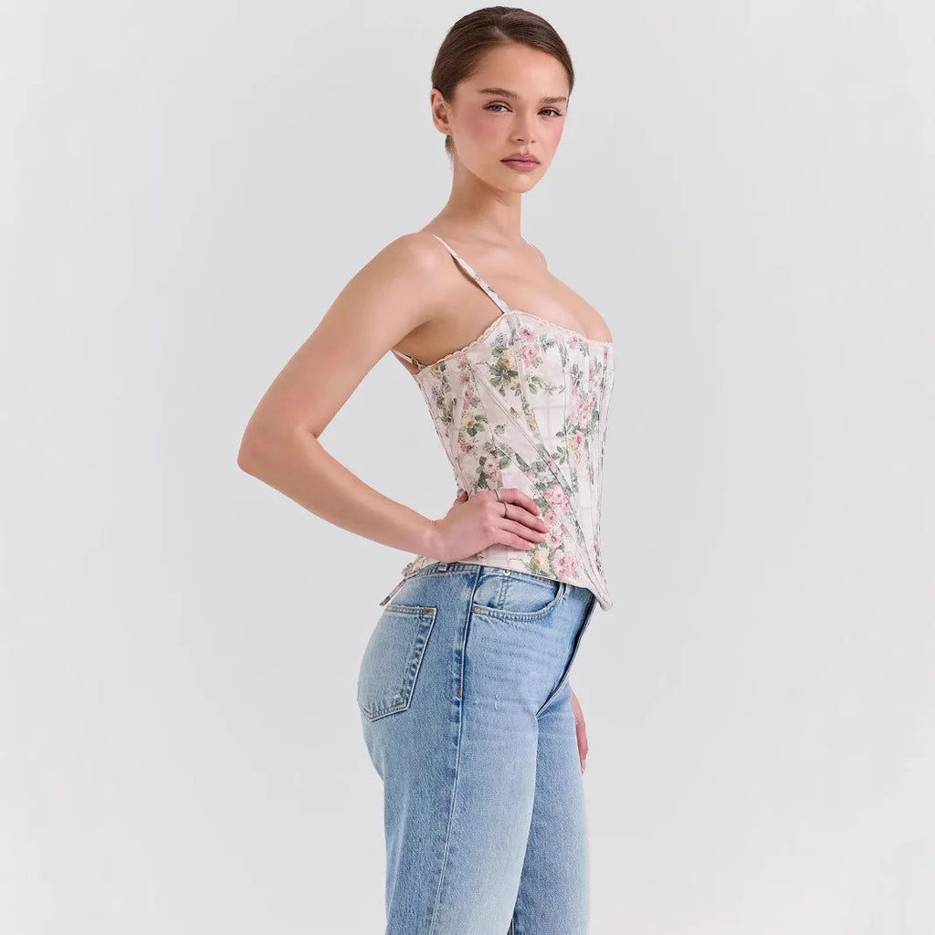 Romantic Floral Corset Top With Lace Trim And Adjustable Straps