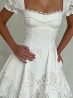 Lace Hollow Mini White Women's Bubble Sleeve Square Neck A-line Pleated Dress