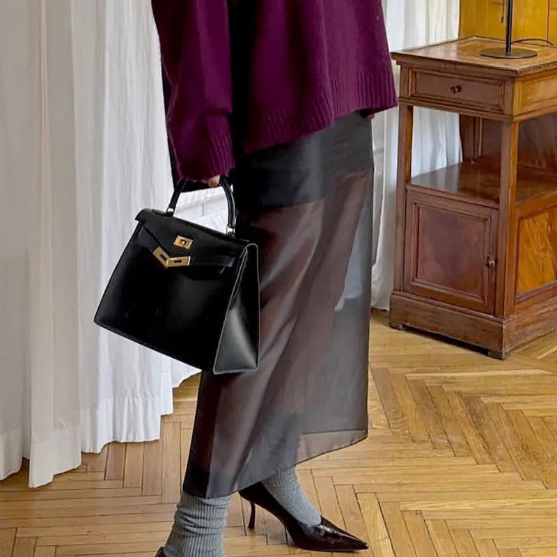 See Through High Waist Mesh Maxi Skirt