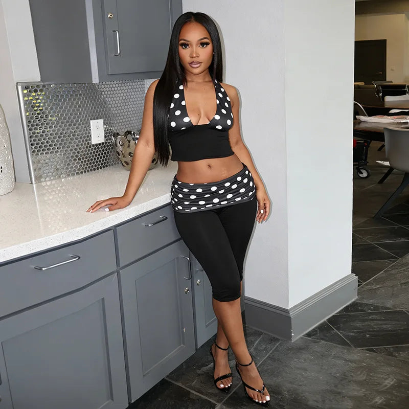 Patchwork Polka Dot Print Two Piece Set With Backless Halter Crop Top And Pleated Waist Capri Pants