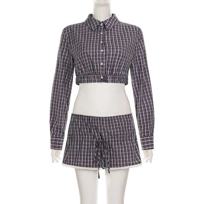Plaid Streetwear Set With Cropped Shirt And Mini Skirt