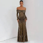 Off Shoulder Pleated Maxi Dress With Lace Patchwork