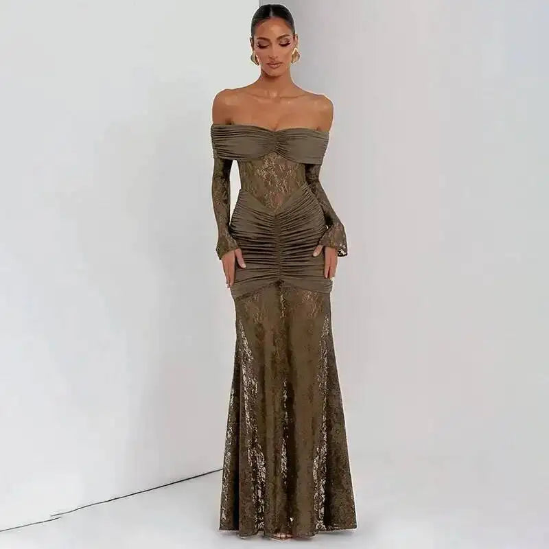 Off Shoulder Pleated Maxi Dress With Lace Patchwork
