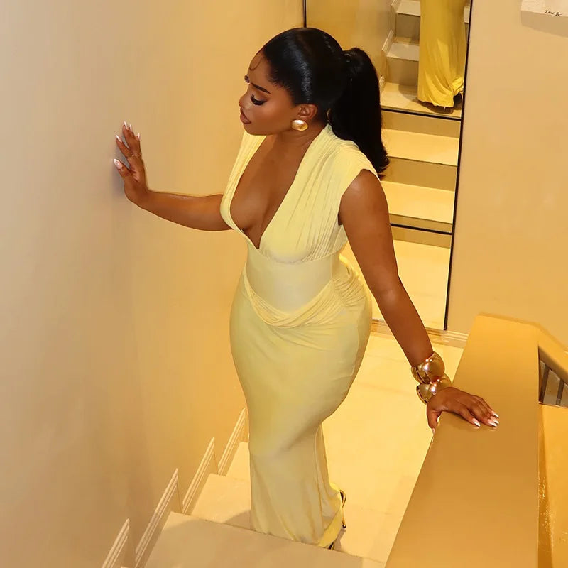 Sleeveless Ruched V Neck Bodycon Maxi Dress