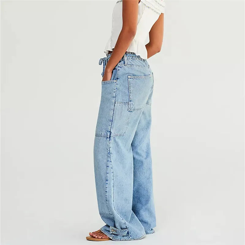 Relaxed Wide Leg Denim Jeans With Big Pockets Casual Baggy Trousers Vintage Streetwear Vibe