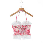 Boho Floral Print 2 Pieces Skirts Set Holiday Summer Women Sexy Backless Halter Top + Mini Skirt