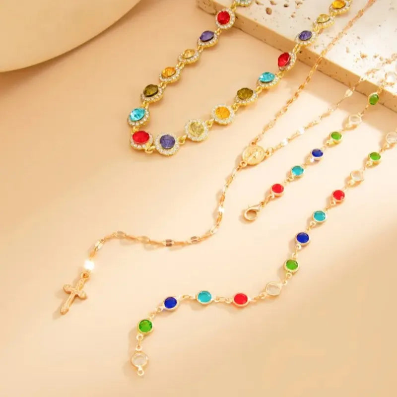 Boho Rainbow Rhinestone Layered Necklace Set For Women Bohemian Chic Everyday Jewelry