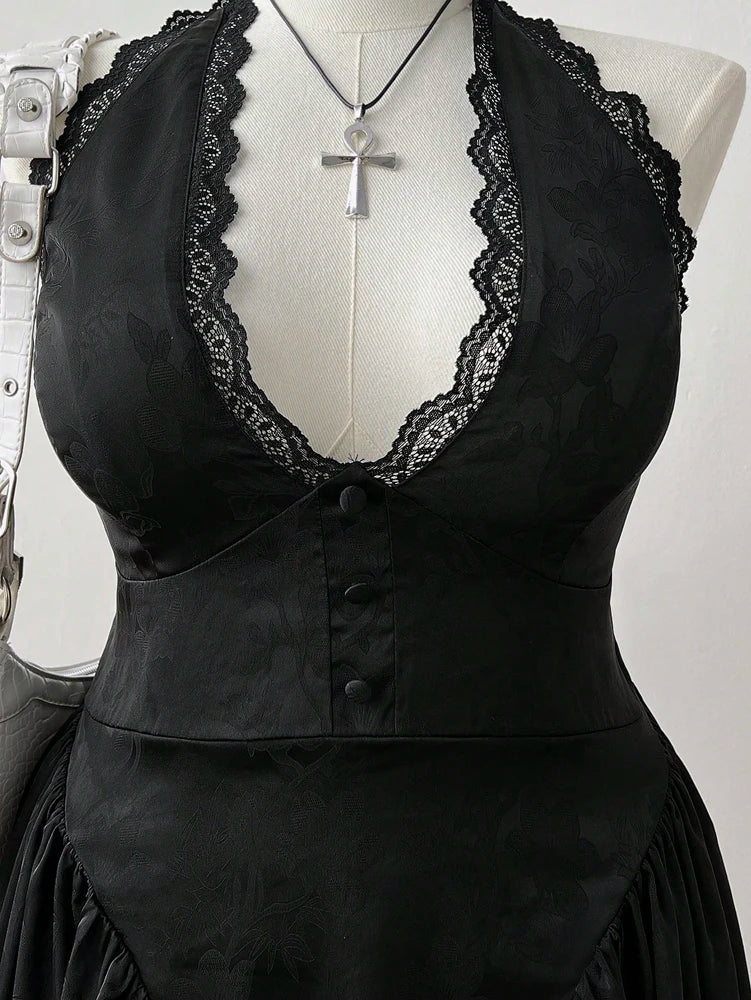 Plus Size French Jacquard Dress With V Neck And Lace Back Cutout
