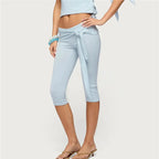 Women Solid Color Wrap Waist Tie Knot Capri Pants High Waist Fitted Cropped Leggings with Ruched Front