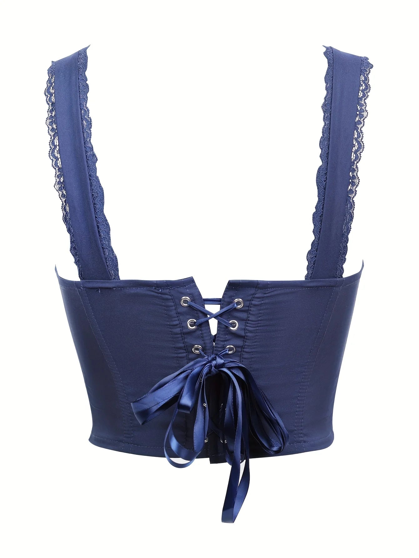 Royal Blue Lace Trim Corset Top With Steel Boning And Bow Shaped Double Shoulder Straps