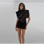 Lace Sheer Party Dress With Pleated Patchwork And Flutter Sleeves For Elegant Evenings