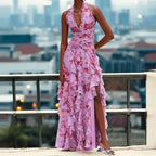 Elegant Patterned Dress With Lace Up Halter Neck Slim Long Silhouette And Ruffle Detail