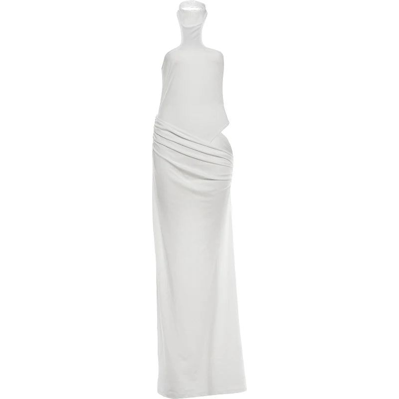 Hollow Backless Patchwork Elegant Evening Dress For Women Turtleneck Sleeveless Ankle Length Ruched Detailing