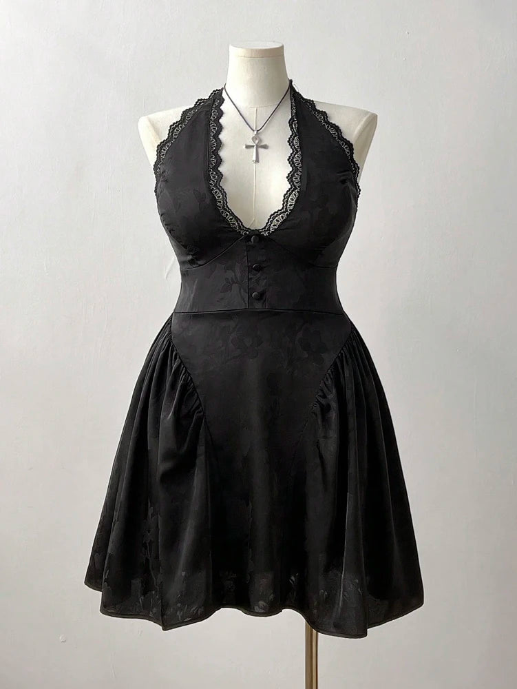 Plus Size French Jacquard Dress With V Neck And Lace Back Cutout