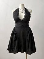 Plus Size French Jacquard Dress With V Neck And Lace Back Cutout