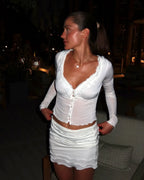 Elegant White Coords Set With Ruffled Trim Skirt And Long Sleeve Top