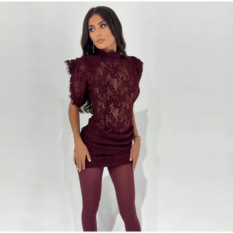 Lace Sheer Party Dress With Pleated Patchwork And Flutter Sleeves For Elegant Evenings