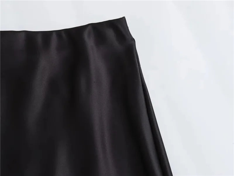 Satin High Waist Midi Skirt With Flair