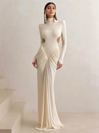 Peach Backless Maxi Dress With Waistless Silhouette And Ruched Elegance