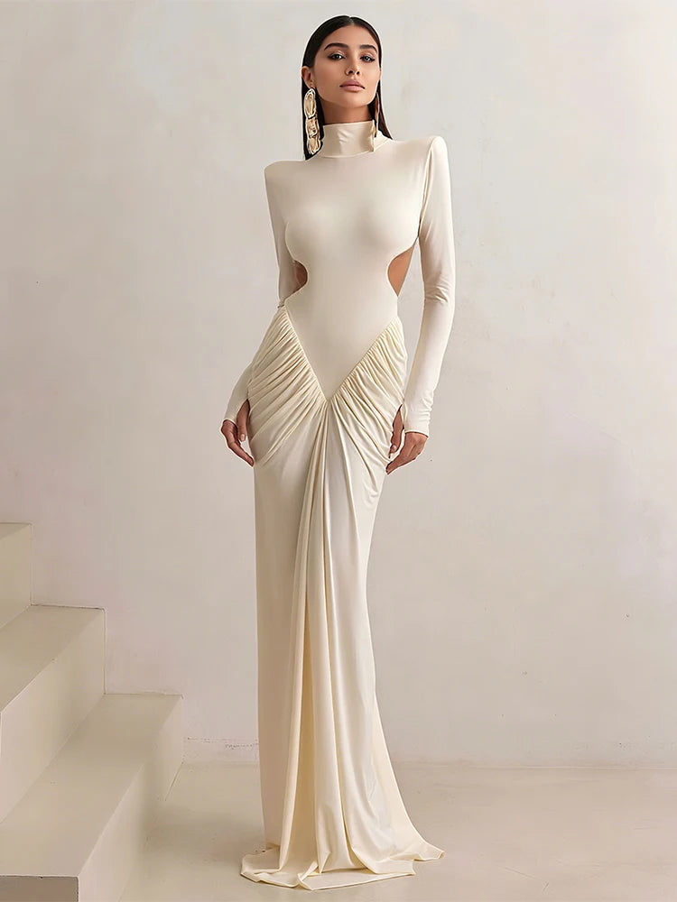 Peach Backless Maxi Dress With Waistless Silhouette And Ruched Elegance