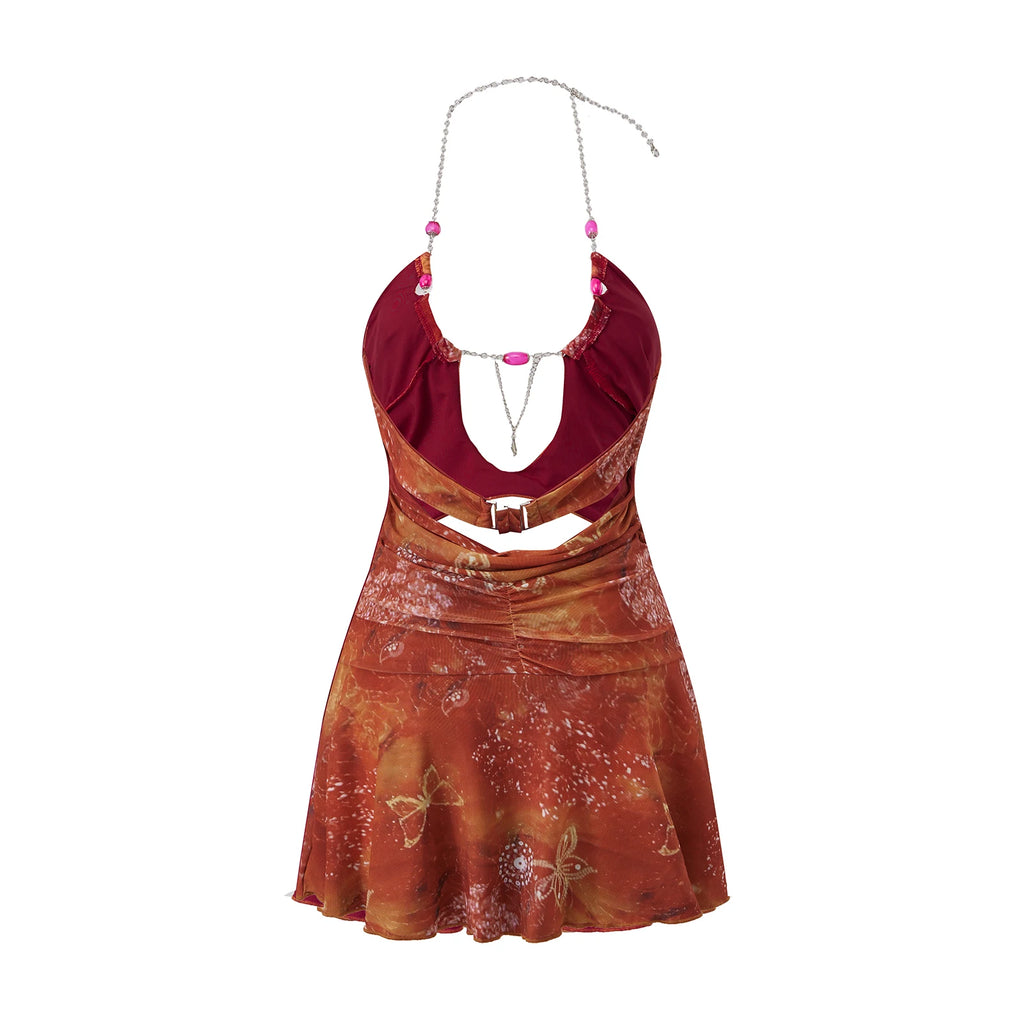 Coquette Y2K Hollow Out Beaded Halter Mini Dress
